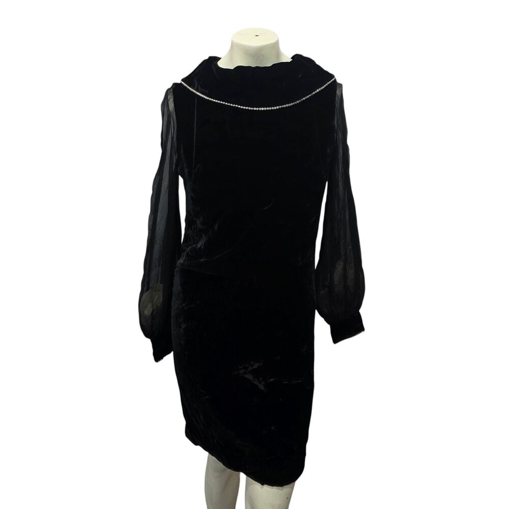 Vintage Lee Jordan Black Velvet Dress Sheer Sleeves Rhinestone Trim 9/10